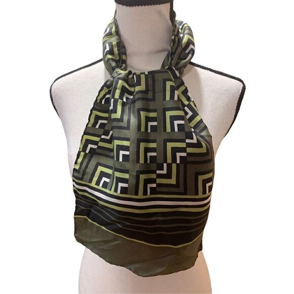 Scarf Silk Geometric Angles 1970s Greens, Black, White, 10.5”x 23” Women’s - Picture 1 of 4